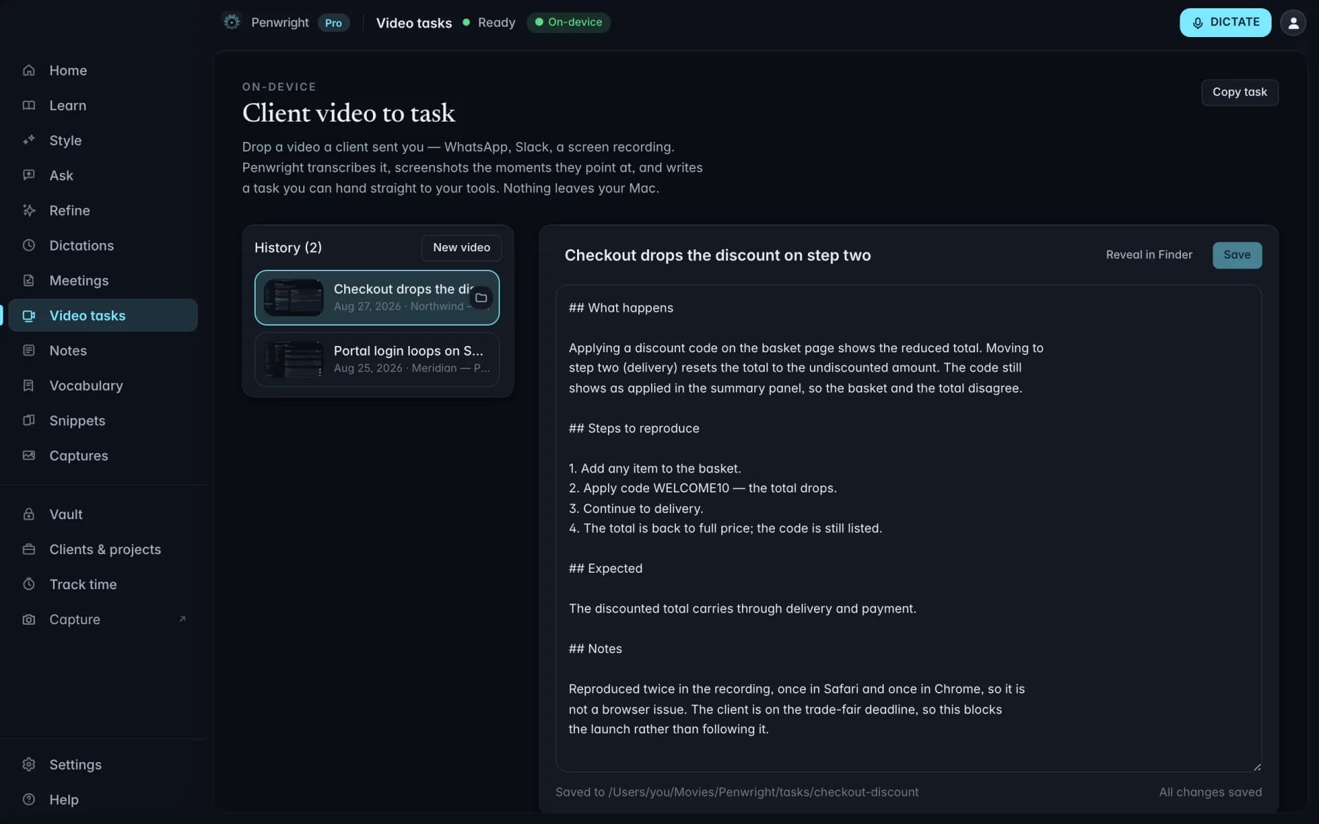Video to written task in Penwright for Mac